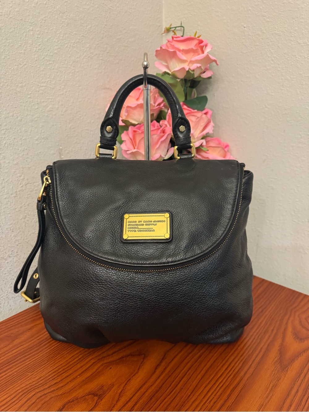 Marc by Marc Jacobs Black Leather Satchel with Gold Plate
